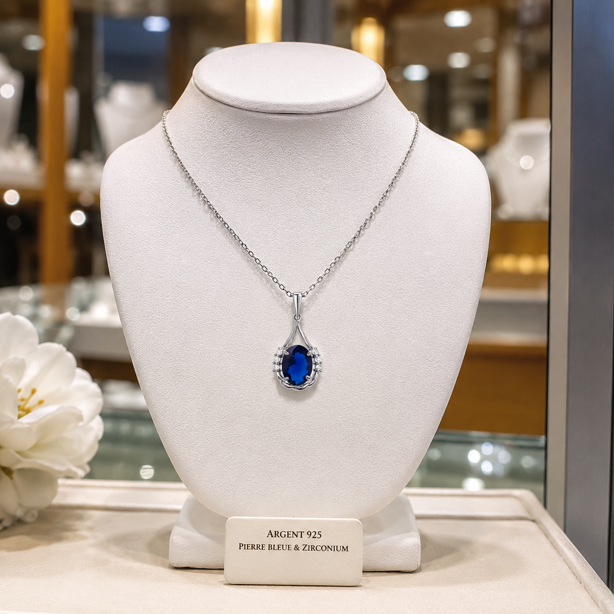 Collier Argent 925 Rhodié & Zirconiums Bleus et Blancs