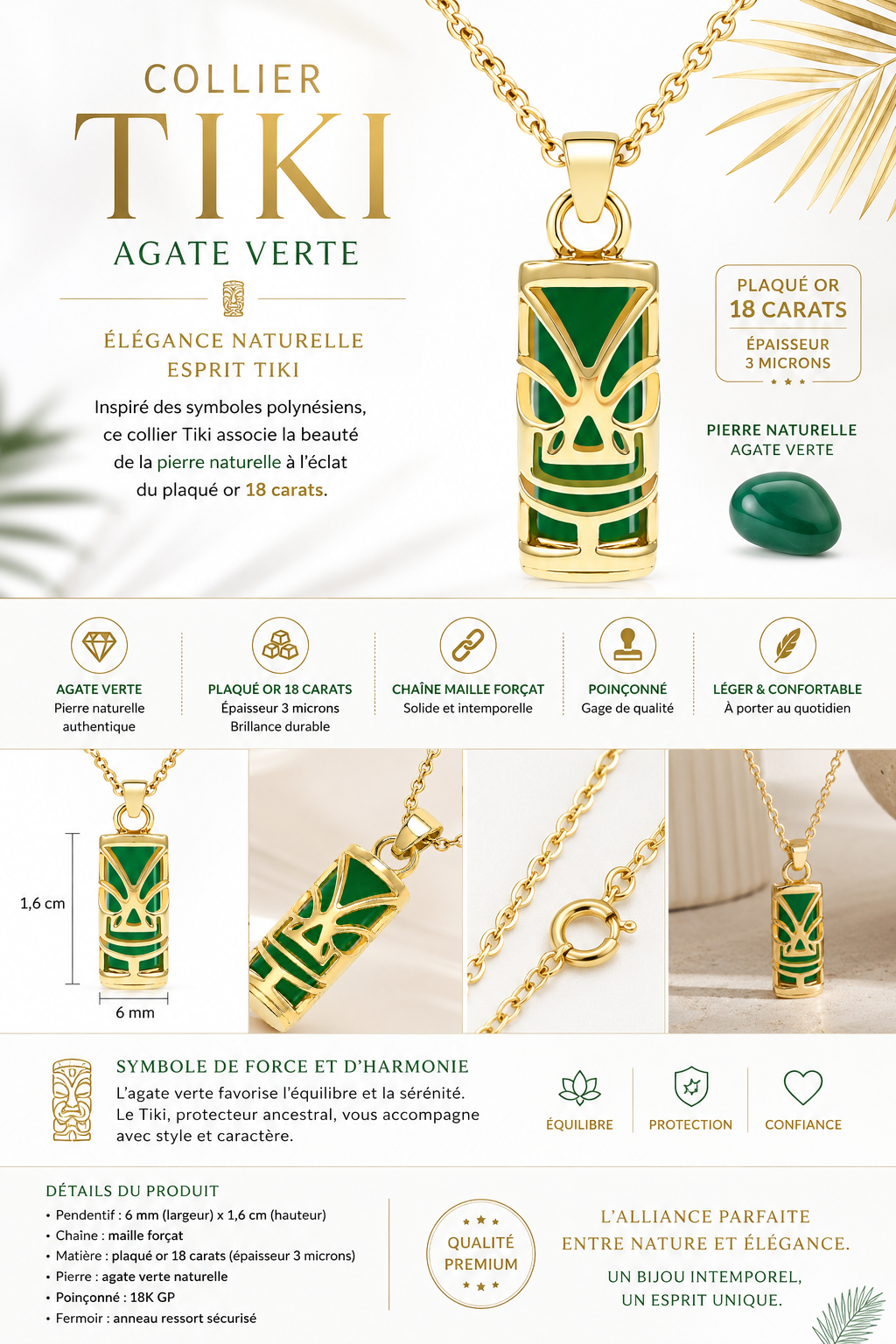 Collier Tiki en Plaqué Or 18 Carats & Agate Verte Naturelle