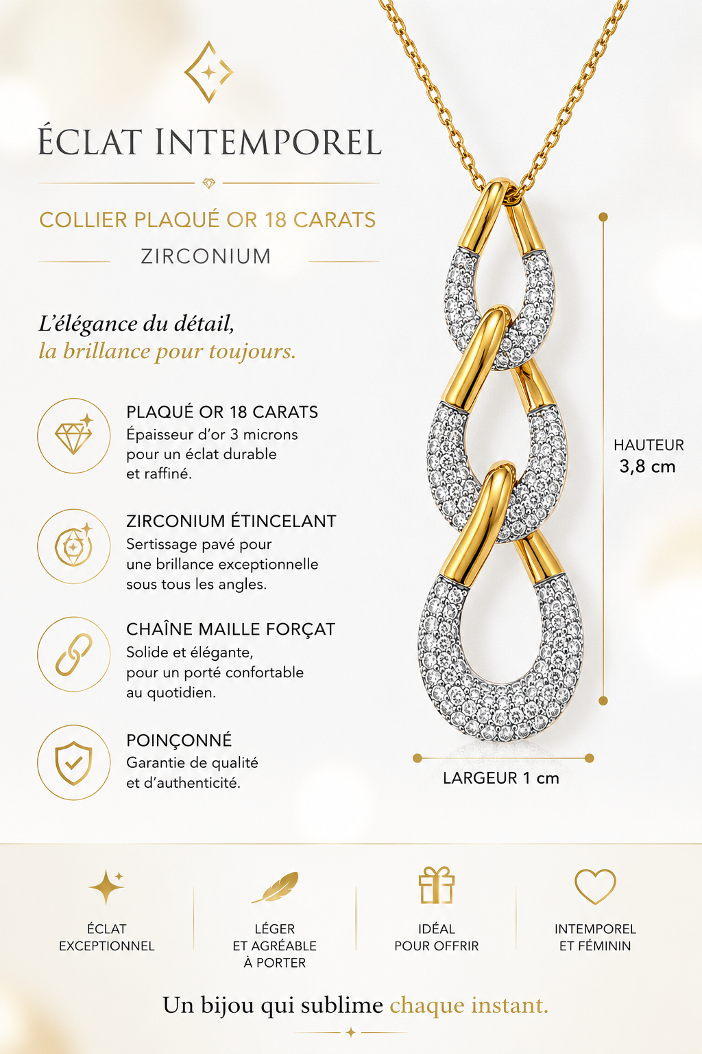Collier Maillons Entrelacés Zirconium – Plaqué Or 18 Carats