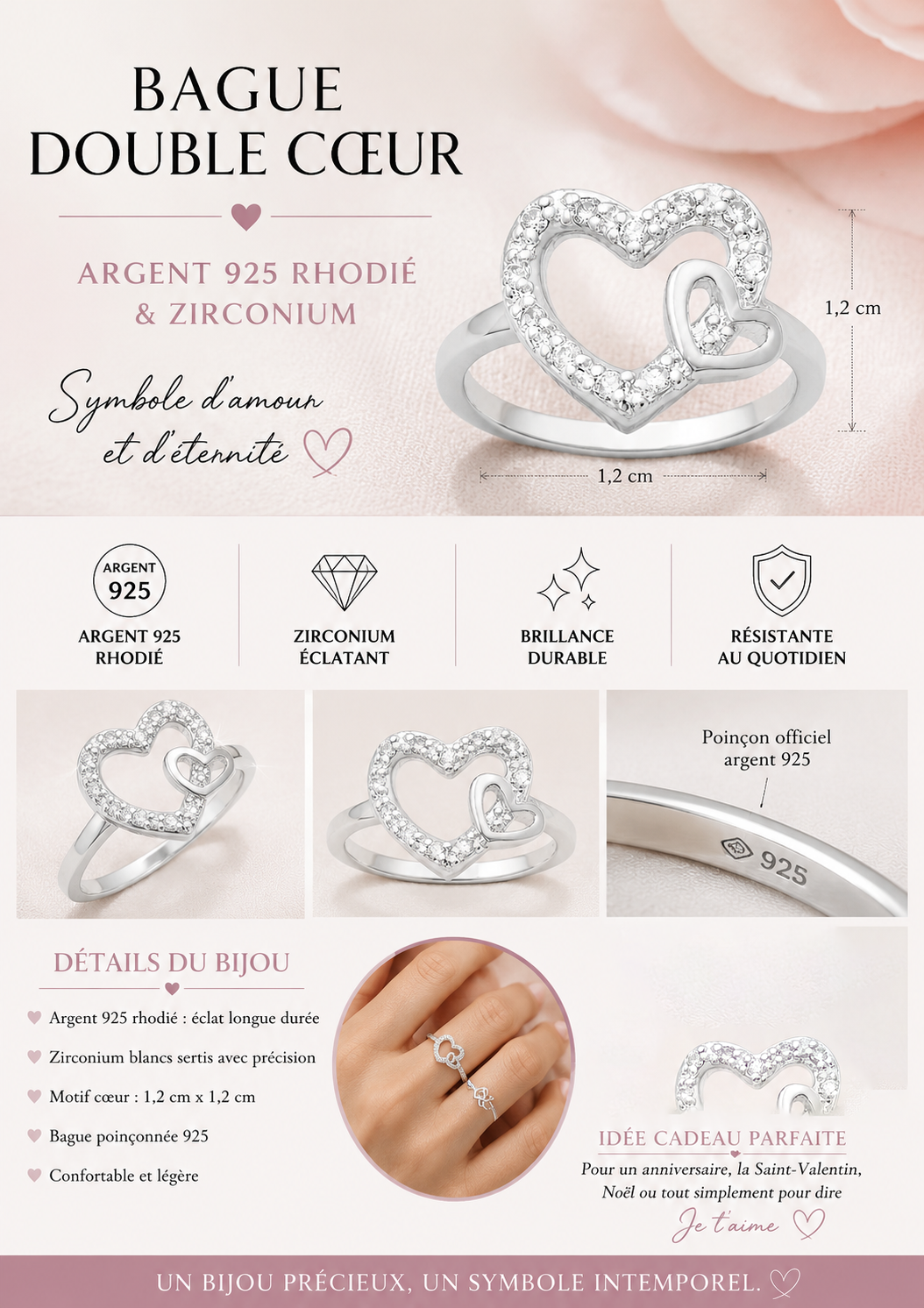 Bague Cœurs Entrelacés Argent 925 Rhodié & Zirconiums