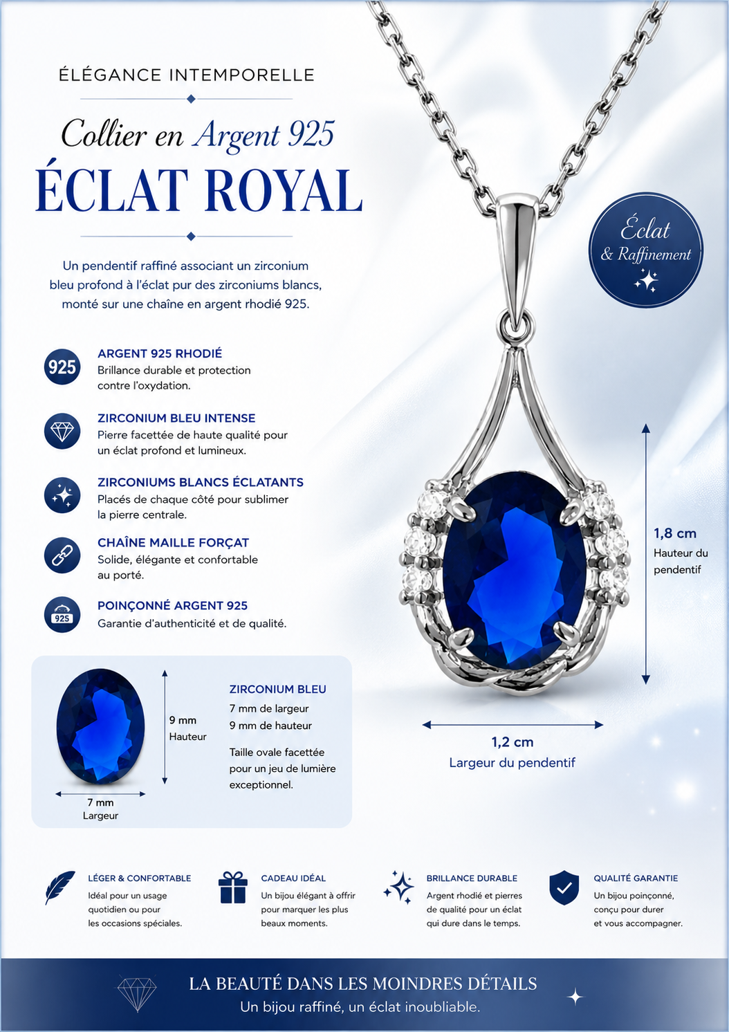 Collier Argent 925 Rhodié & Zirconiums Bleus et Blancs