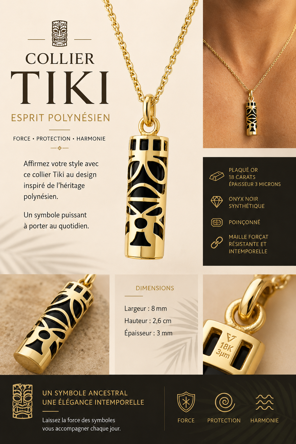 Collier Grand Tiki en plaqué or jaune 18 carats & onyx noir – Mixte