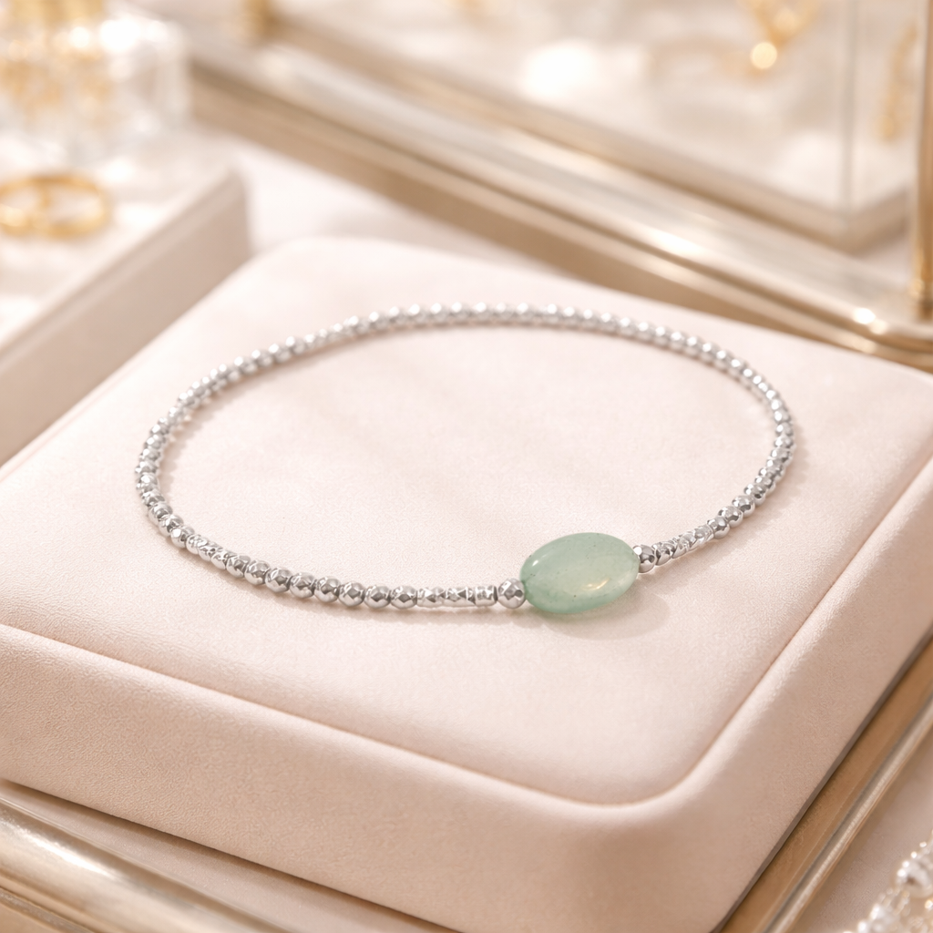 Bracelet en Argent 925 Rhodié & Quartzite Verte