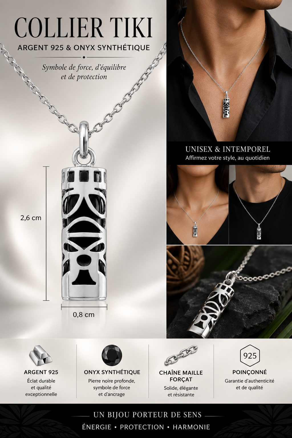 Collier Grand Tiki en Argent 925 & onyx noir – Mixte