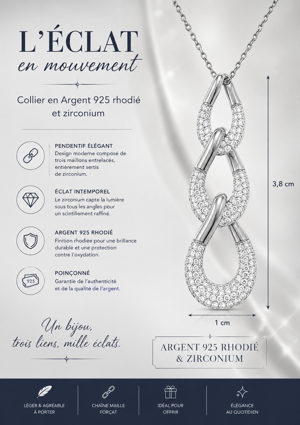 Collier Maillons Entrelacés Argent 925 Rhodié & Zirconiums
