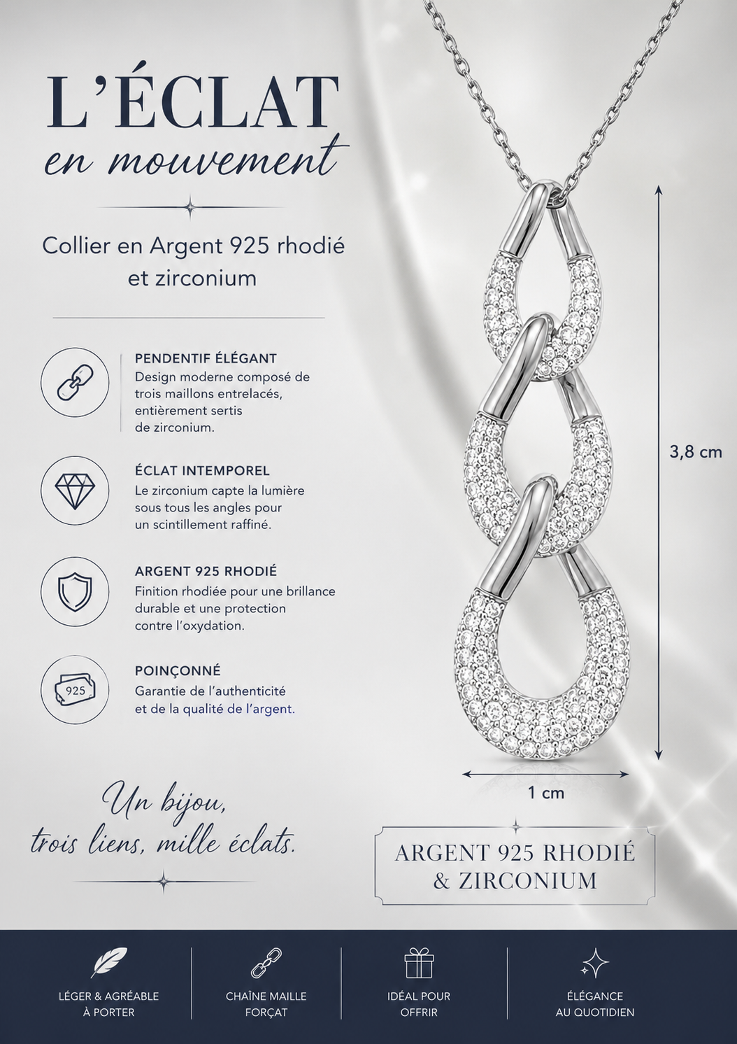 Collier Maillons Entrelacés Argent 925 Rhodié & Zirconiums