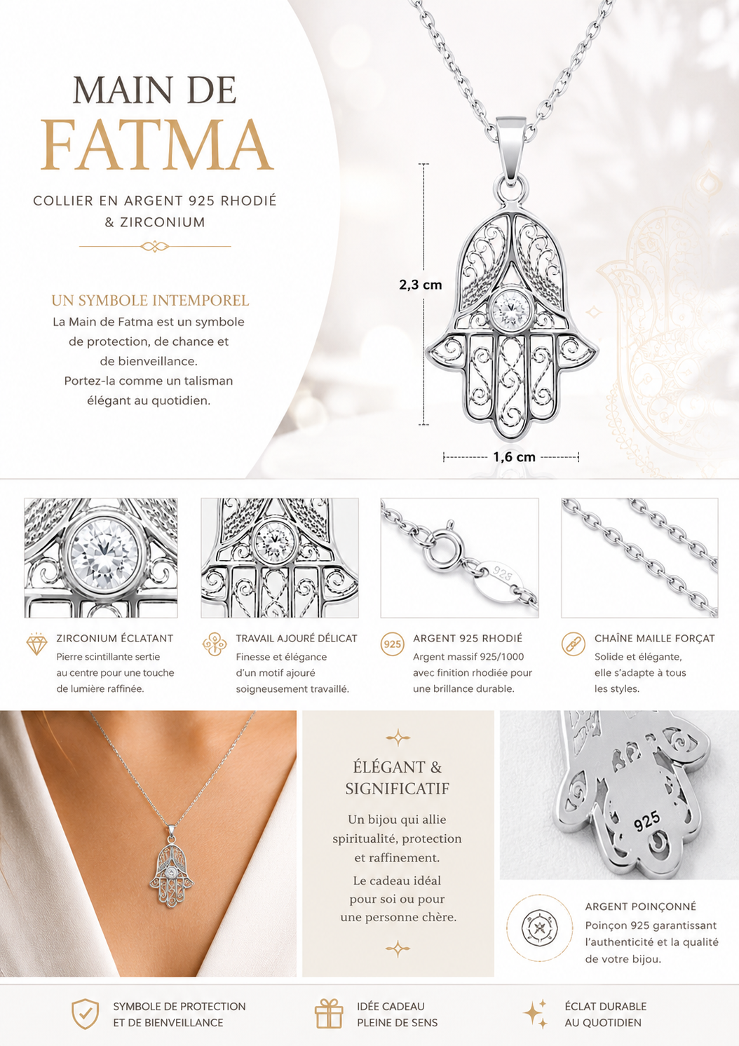Collier Main de Fatma en Argent 925 Rhodié & Zirconium Blanc