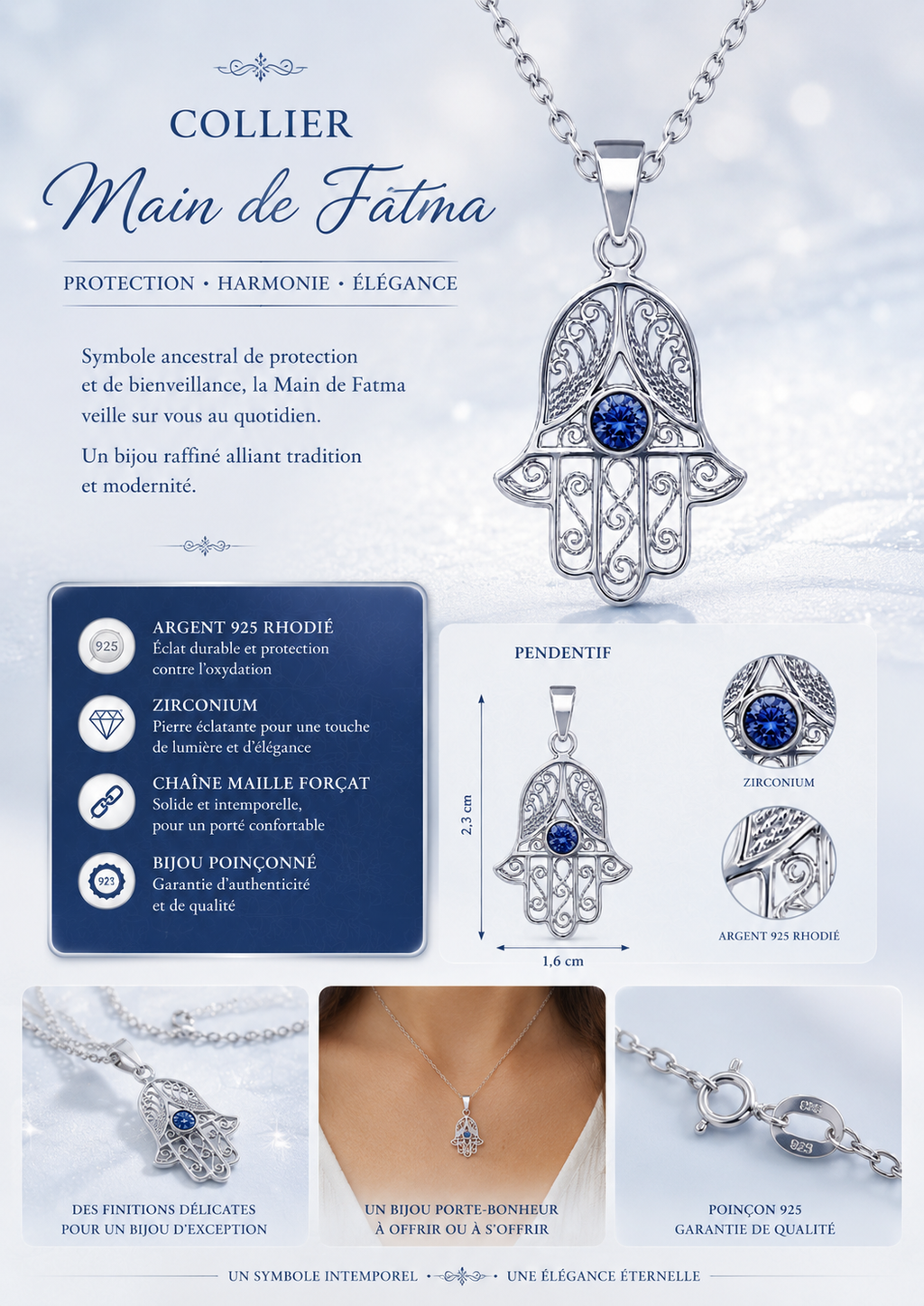 Collier Main de Fatma en Argent 925 Rhodié & Zirconium Bleu