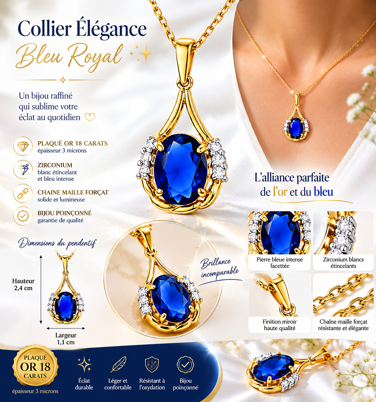 Collier Saphira Bleu – Plaqué Or Jaune 18 Carats