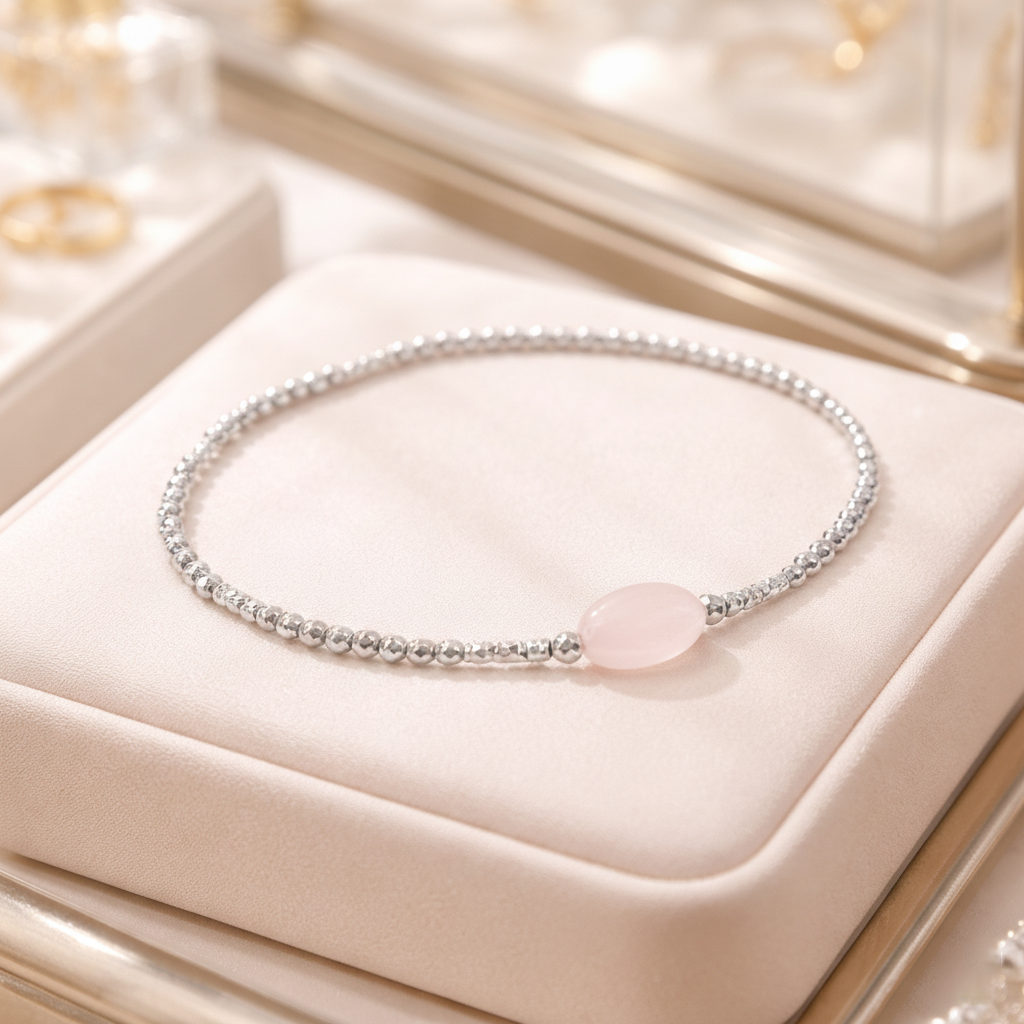 Bracelet en Argent 925 Rhodié & Quartz Rose