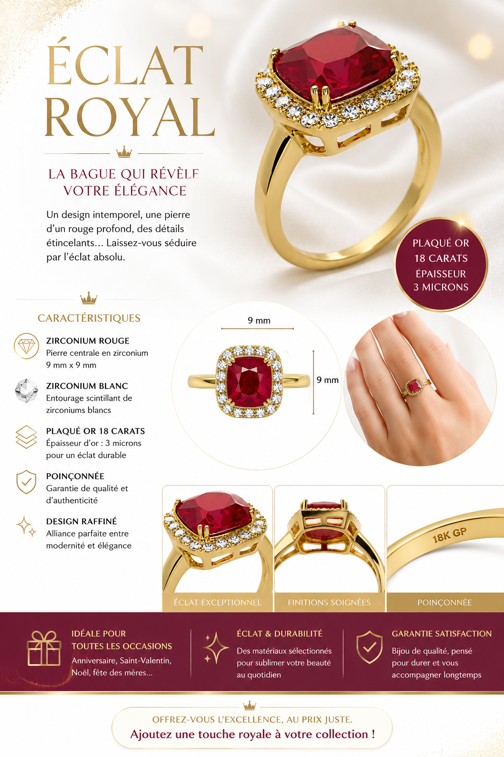 Bague Carrée Rouge – Plaqué Or 18 Carats