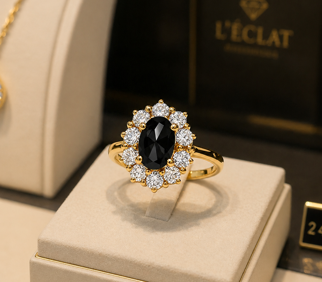 Bague Élégance Noire – Plaqué Or 18 Carats & Saphir