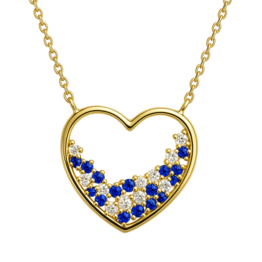 Collier Cœur Plaqué Or – Zirconiums Bleus & Blancs – Chaîne 40 + 5 cm