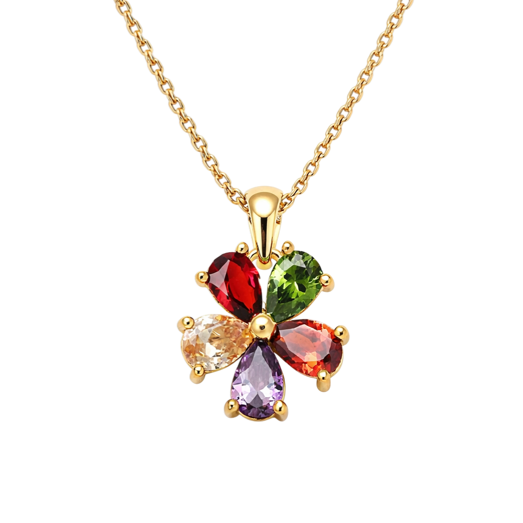 Collier Fleur Multicolore – Plaqué Or 18 Carats & Zirconium