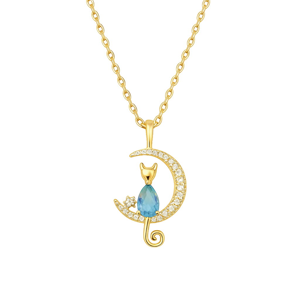 Collier Chat Lune – Plaqué Or 18 Carats & Zirconium
