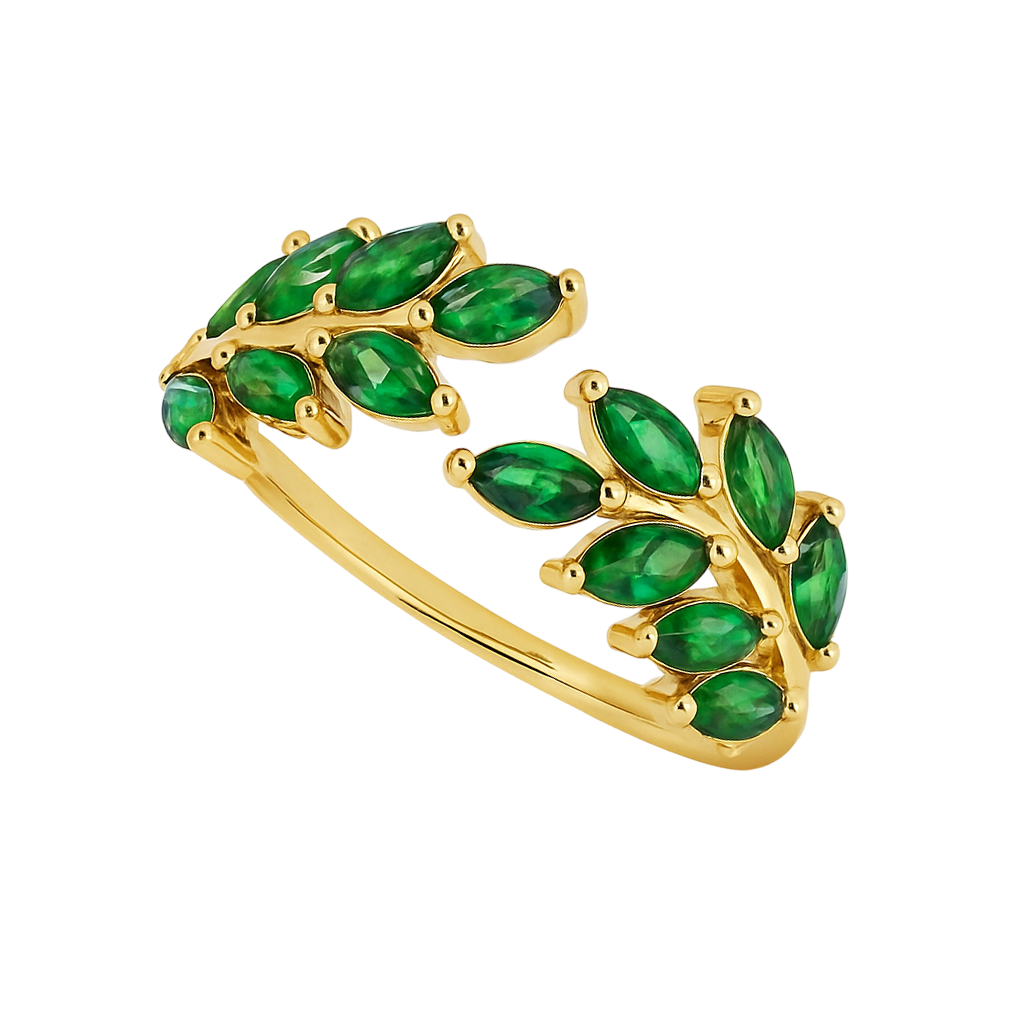 Bague feuille en plaqué or – Zirconiums verts scintillants