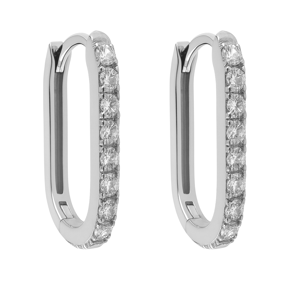 Boucles d’oreilles créoles rectangulaires en argent rhodié & zirconium blanc – Élégance intemporelle