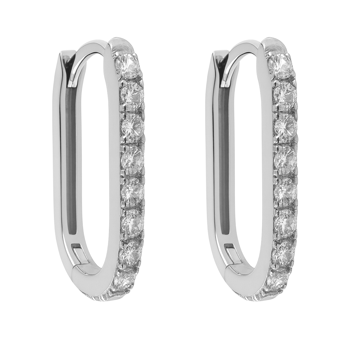 Boucles d’oreilles créoles rectangulaires en argent rhodié & zirconium blanc – Élégance intemporelle