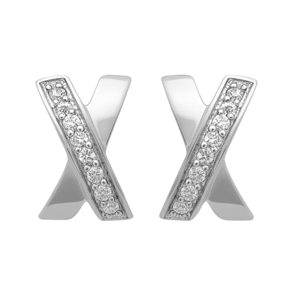 Boucles d’Oreilles Croix Stylisée en Argent Rhodié & Zirconium Blanc – Élégance Moderne