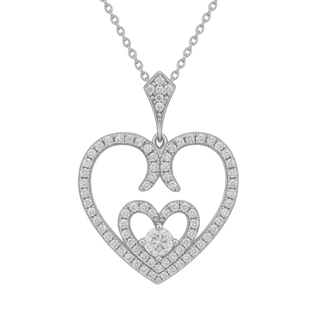 Collier Cœur en Argent 925 Rhodié & Zirconium – Pendentif Double Cœur