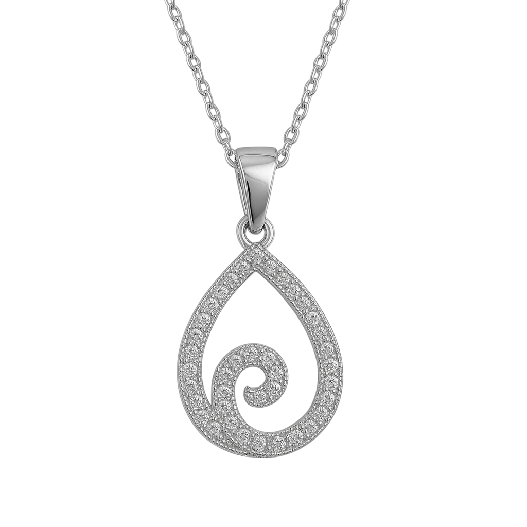 Collier en Argent 925 Rhodié & Zirconium – Pendentif Goutte Spirale Étincelante