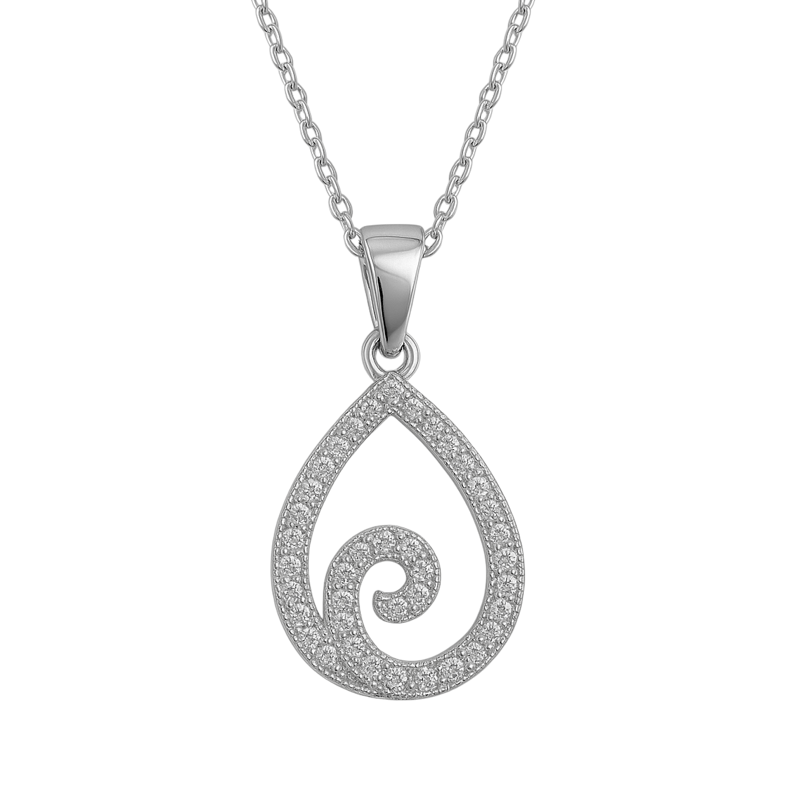 Collier en Argent 925 Rhodié & Zirconium – Pendentif Goutte Spirale Étincelante