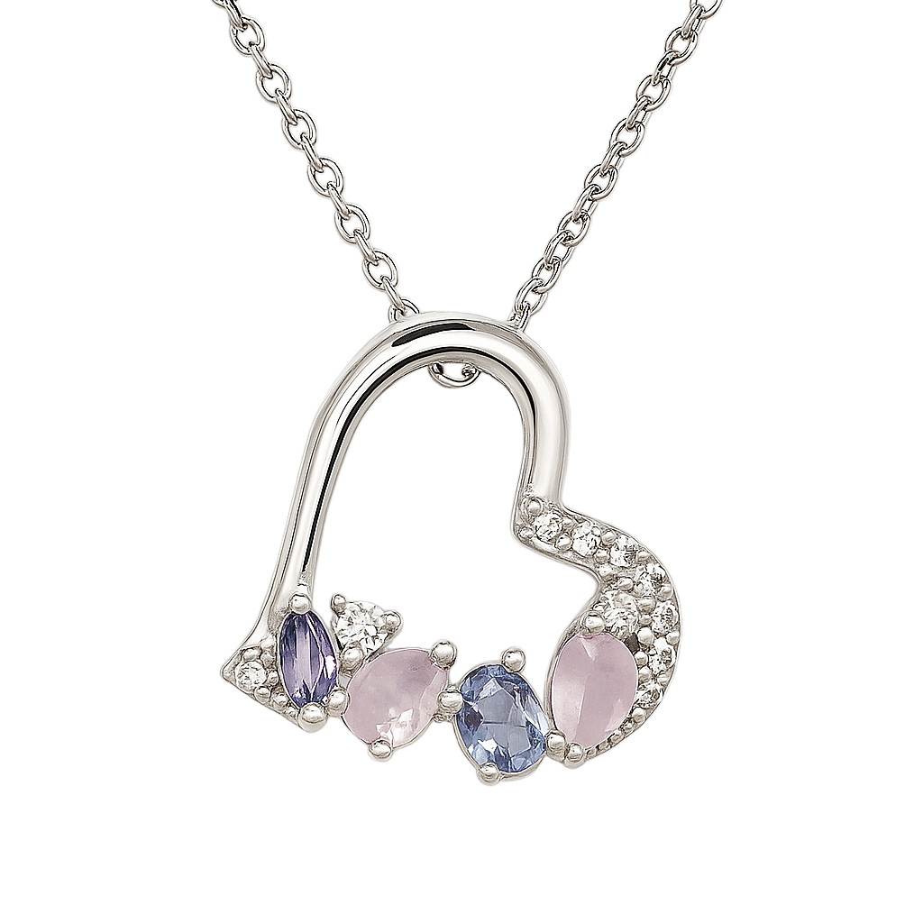 Collier Cœur en Argent 925 Rhodié – Zirconium & Pierres Pastel