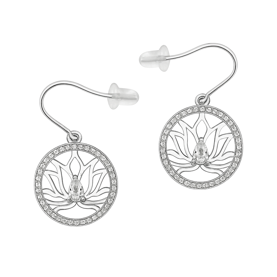 Boucles d’Oreilles Lotus en Argent Rhodié & Zirconium Blanc – Élégance Florale