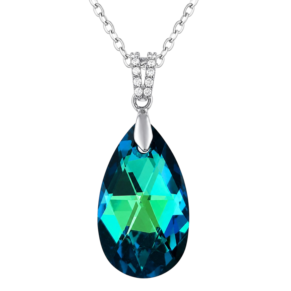 Collier Argent 925 Rhodié, Zirconiums & Cristal Bleu Vert