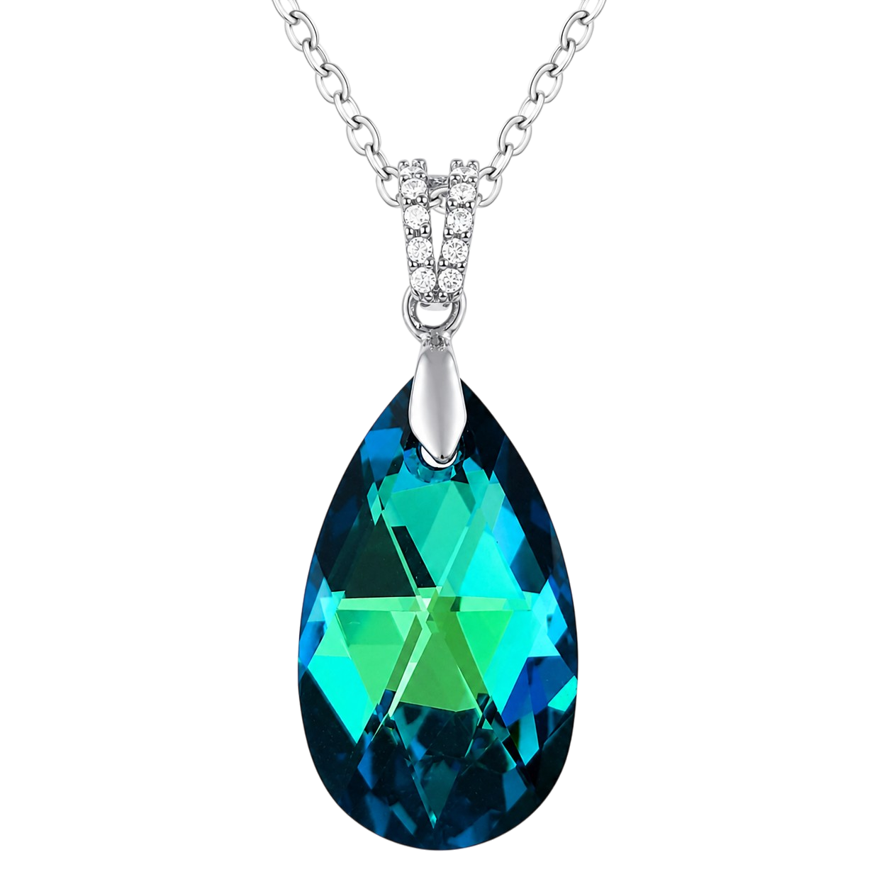 Collier Argent 925 Rhodié, Zirconiums & Cristal Bleu Vert