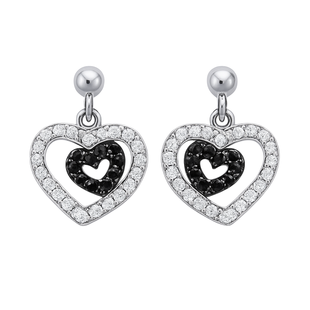 Boucles d’oreilles cœur en argent rhodié – Zirconium blanc & noir | Élégance intemporelle