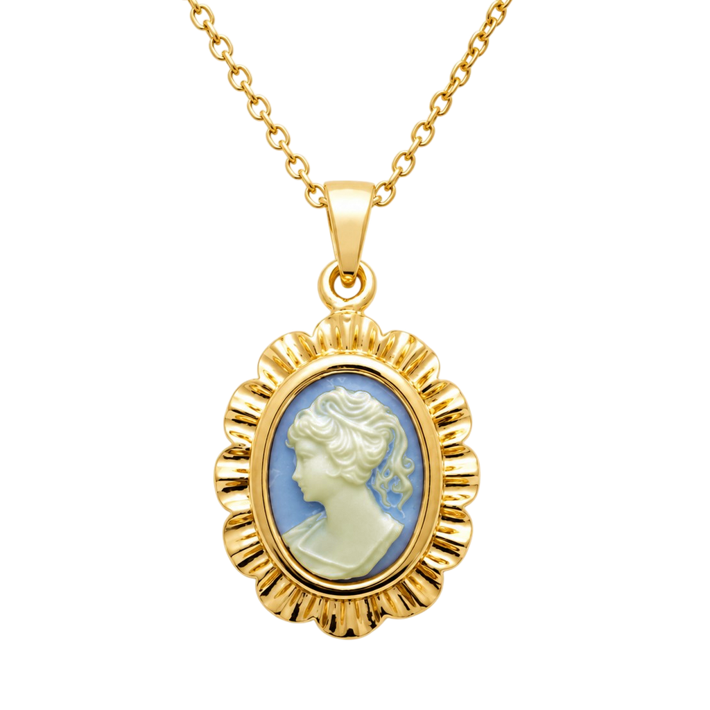 Collier Camée bleu Vintage – Plaqué Or 18 Carats & Résine