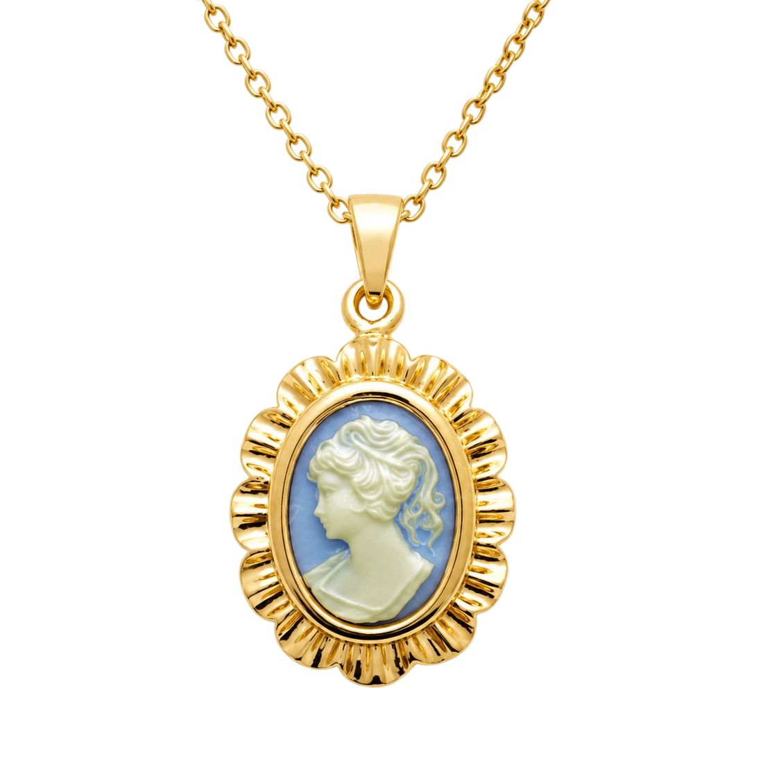 Collier Camée bleu Vintage – Plaqué Or 18 Carats & Résine