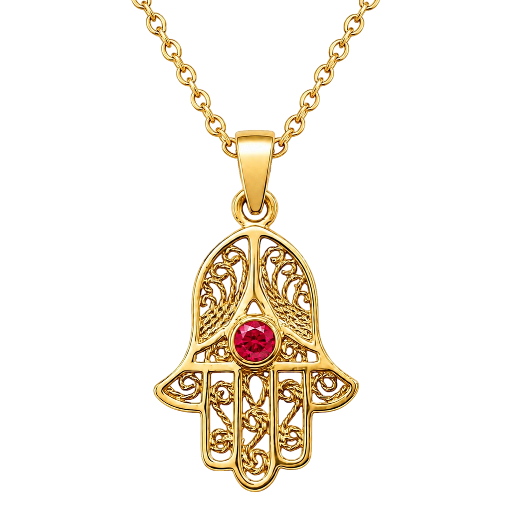 Collier Main de Fatma Plaqué Or Jaune 18 Carats & Zirconium rouge