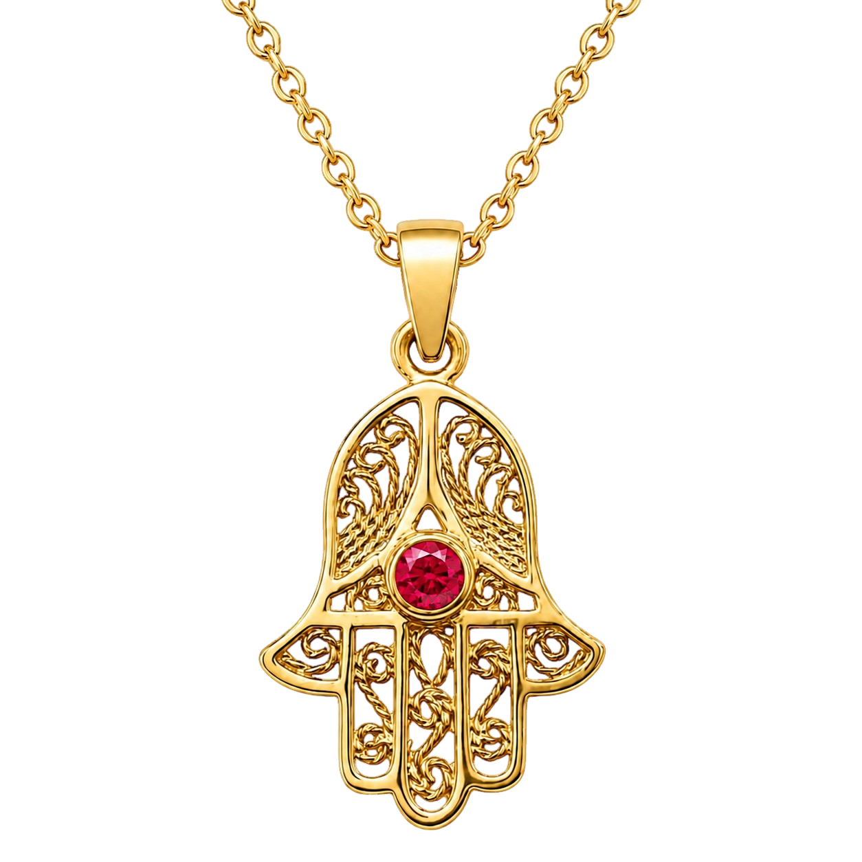Collier Main de Fatma Plaqué Or Jaune 18 Carats & Zirconium rouge