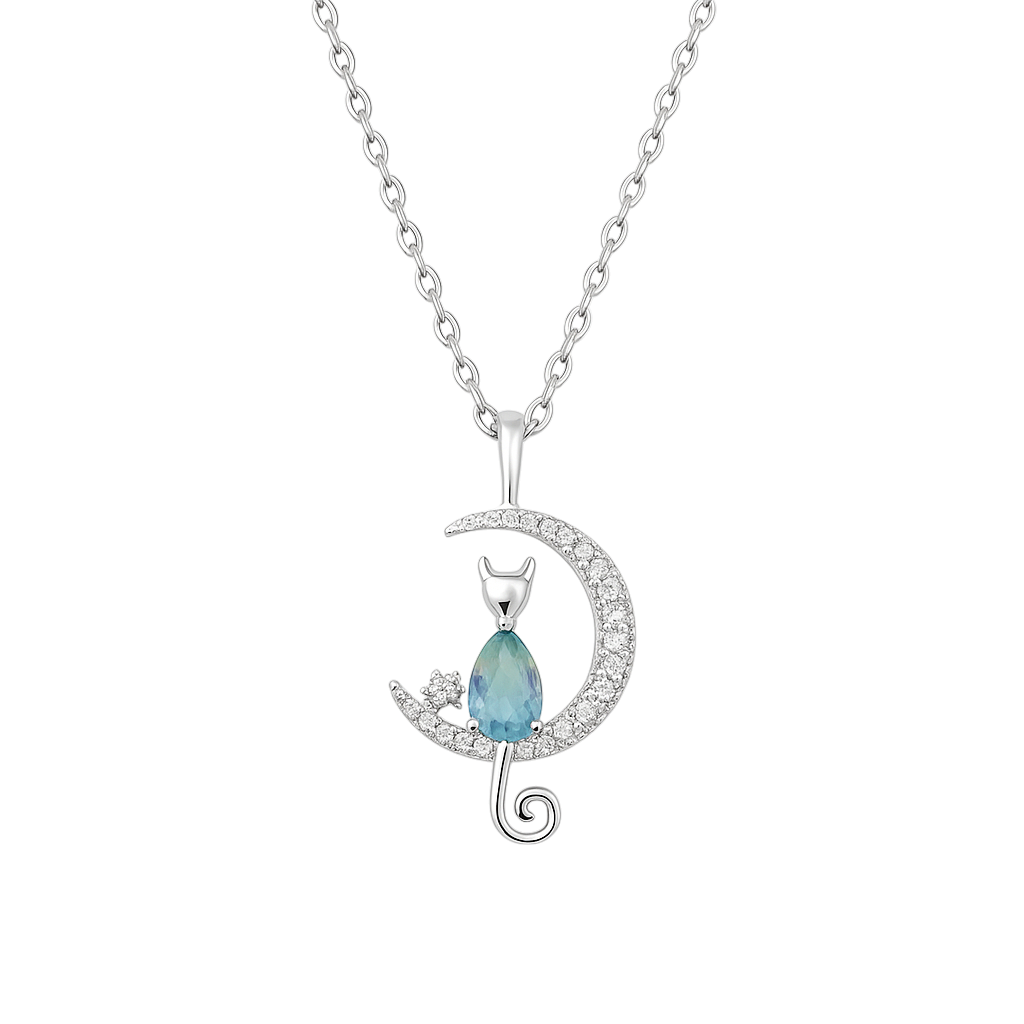 Collier Chat & Lune – Argent 925 Rhodié & Zirconium