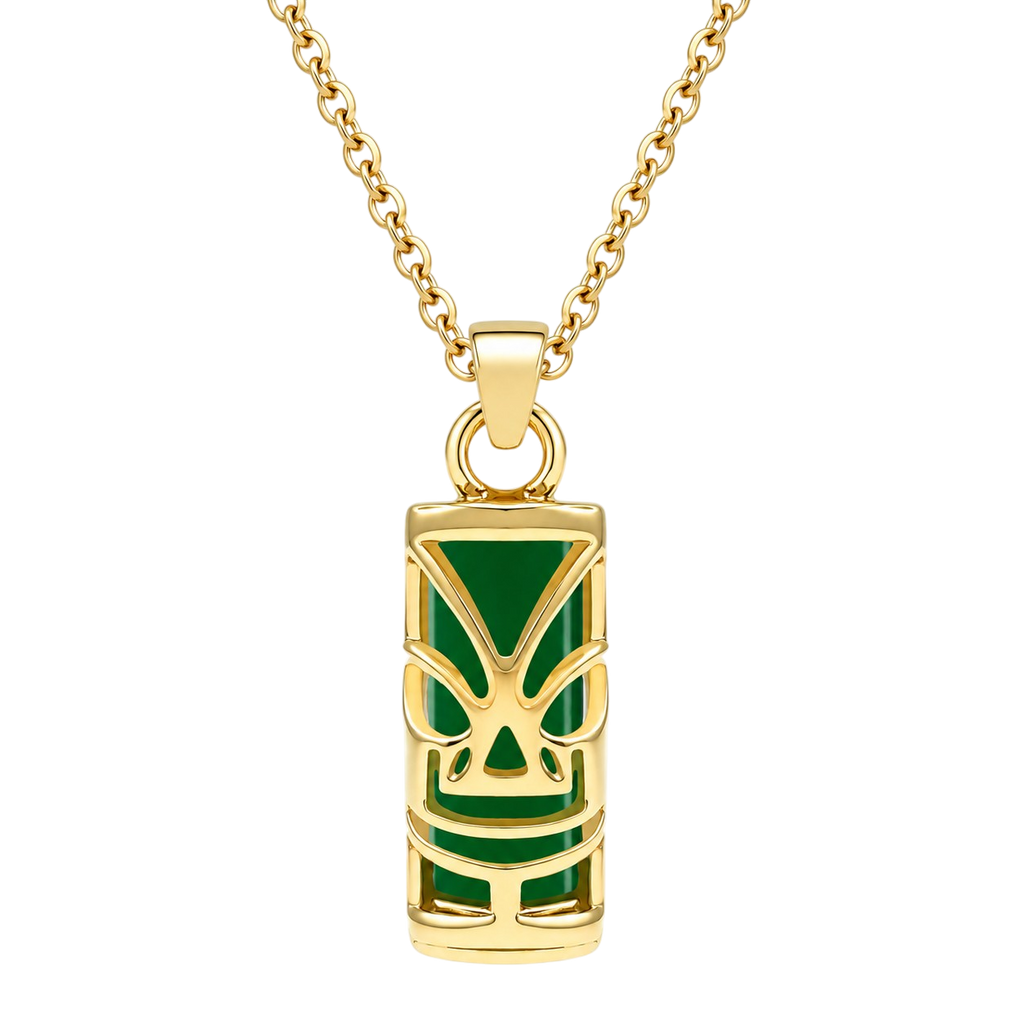 Collier Tiki en Plaqué Or 18 Carats & Agate Verte Naturelle
