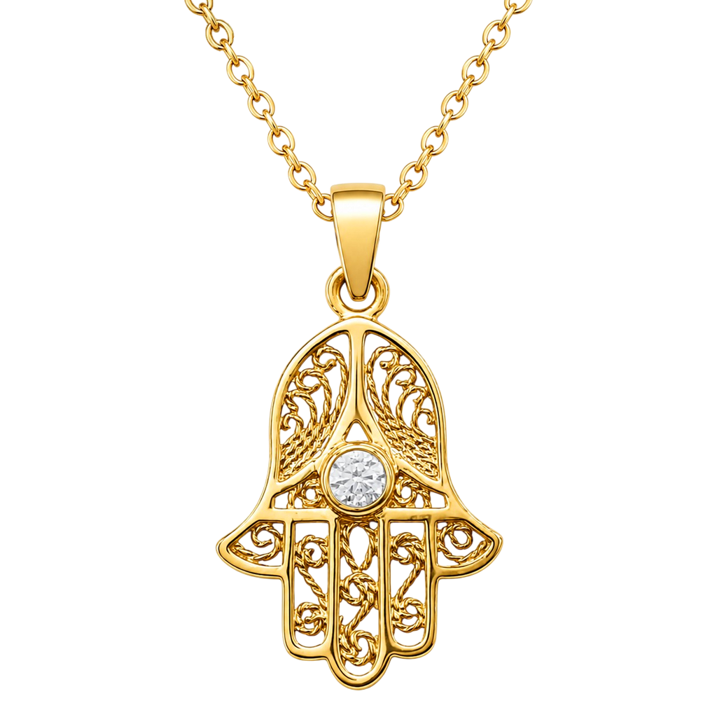 Collier Main de Fatma Plaqué Or Jaune 18 Carats & Zirconium Blanc