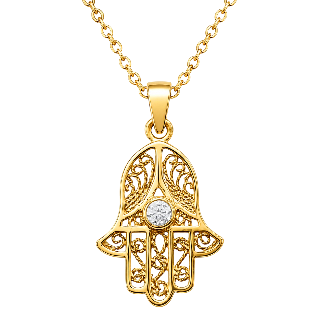 Collier Main de Fatma Plaqué Or Jaune 18 Carats & Zirconium Blanc