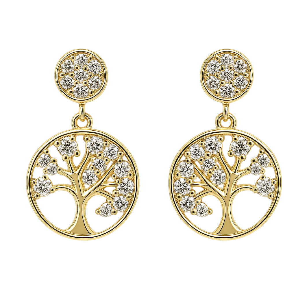 Boucles d’oreilles Arbre de Vie – Plaqué Or  & Zirconium – Élégance Symbolique