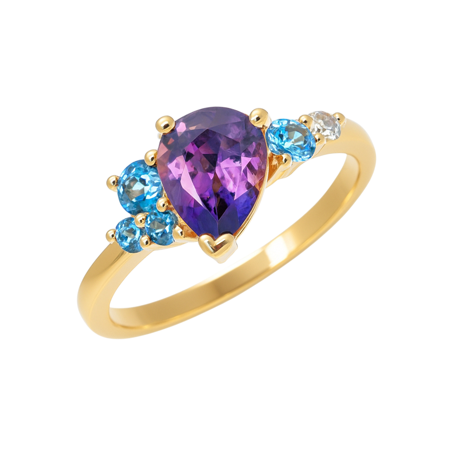 Bague plaqué or  – Zirconiums violet, bleu & blanc