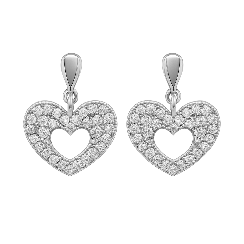 Boucles d’Oreilles Cœur en Argent Rhodié & Zirconium Blanc – Élégance Étincelante