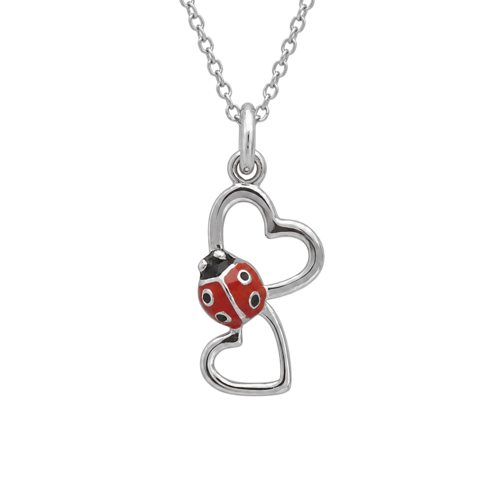 Collier Coccinelle 2 Cœurs en Argent 925 Rhodié & Laque Rouge