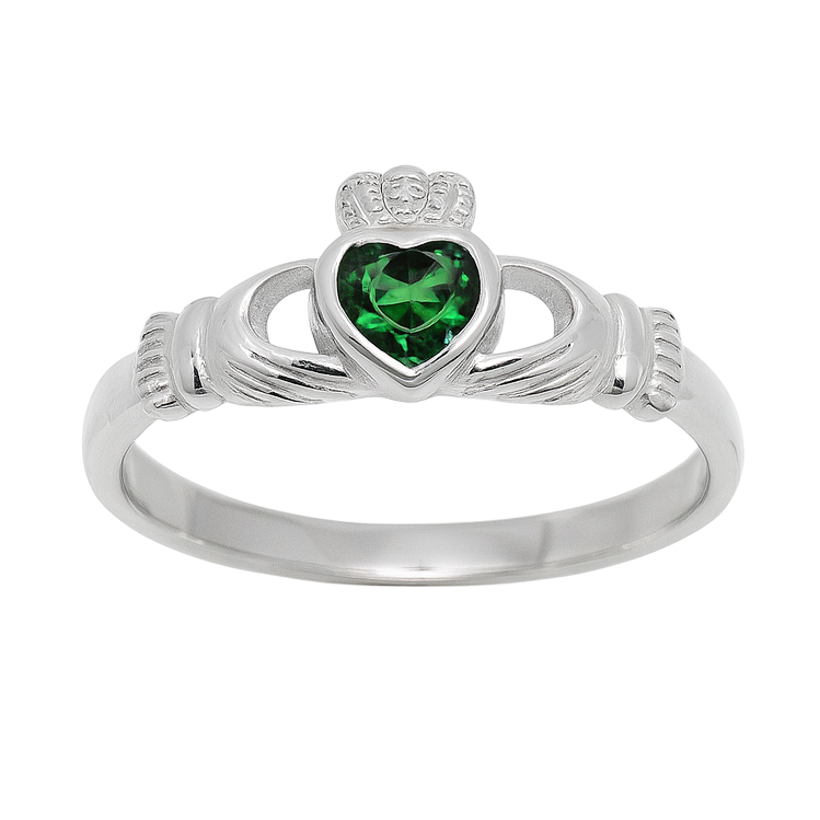 Bague Claddagh en Argent 925 Rhodié & Zirconium Vert