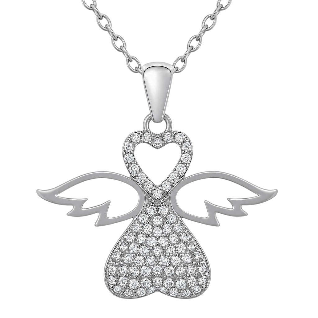 Collier Ange Cœur en Argent 925 Rhodié & Zirconiums