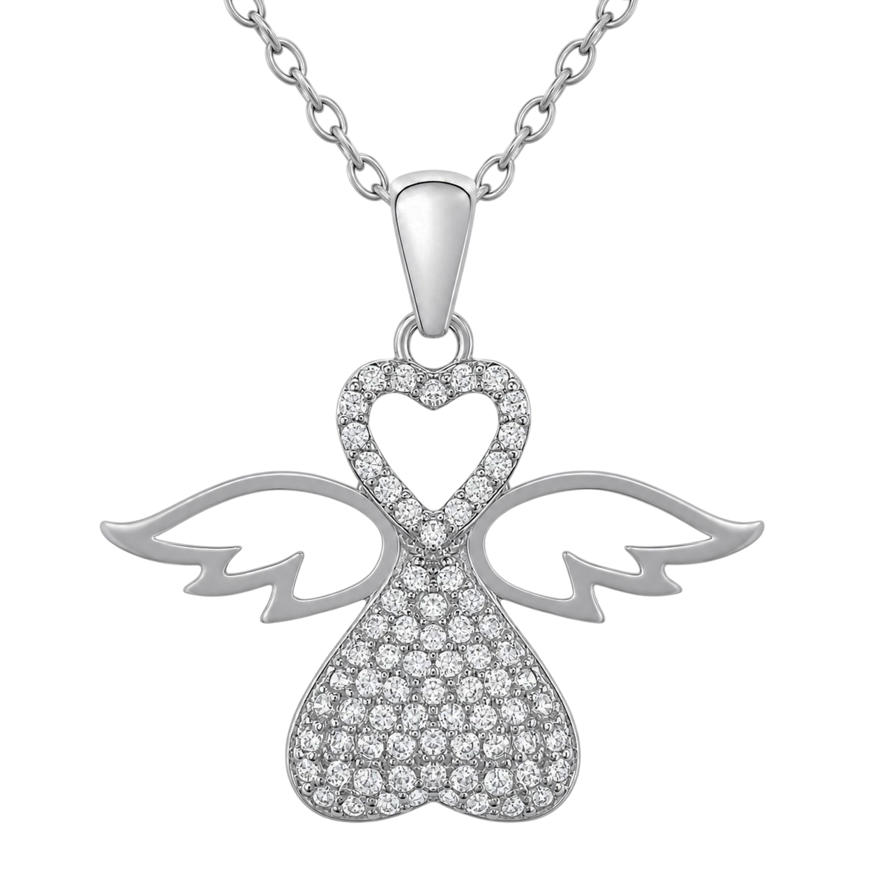 Collier Ange Cœur en Argent 925 Rhodié & Zirconiums