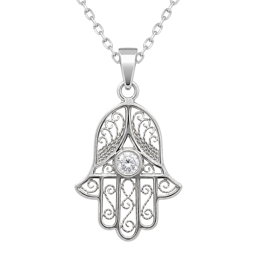 Collier Main de Fatma en Argent 925 Rhodié & Zirconium Blanc