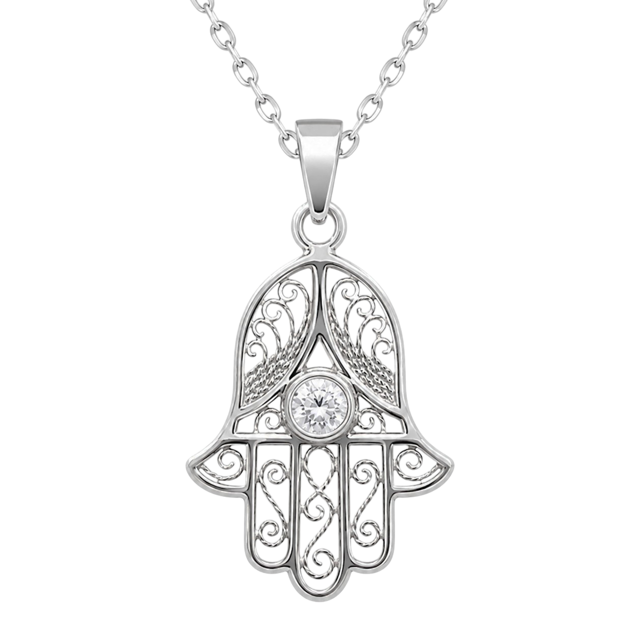 Collier Main de Fatma en Argent 925 Rhodié & Zirconium Blanc