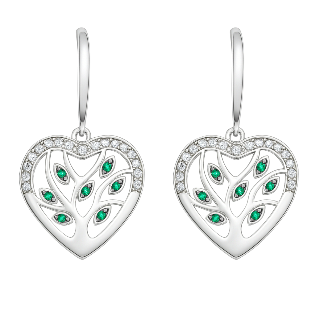 Boucles d’oreilles Cœur Arbre de Vie – Argent Rhodié, Zirconiums Blancs & Verts