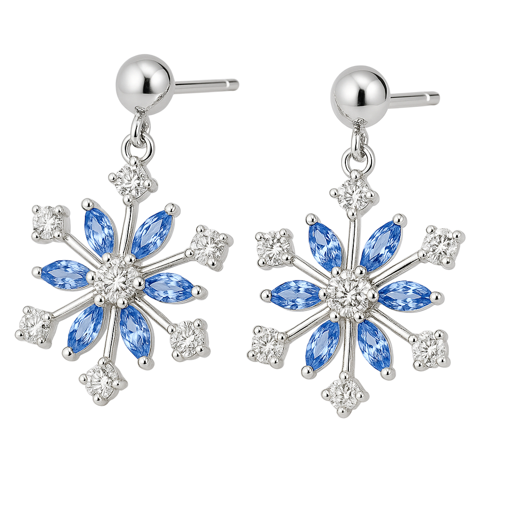 Boucles d’oreilles Flocon – Argent Rhodié & Zirconium Bleu et Blanc